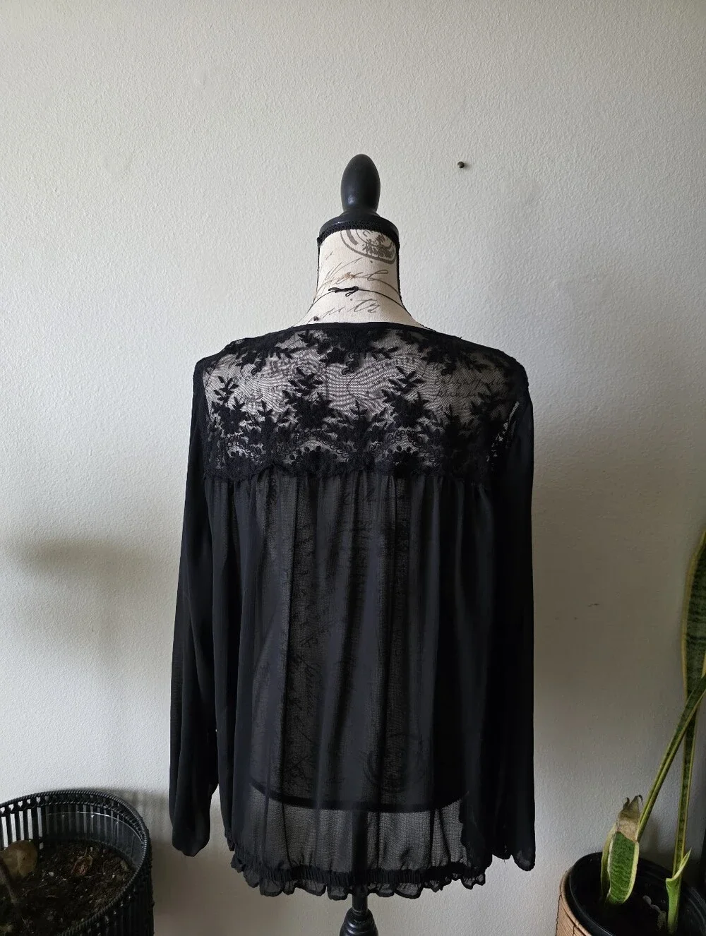 Torrid Sheer Black Lace Trim Button-Front Blouse